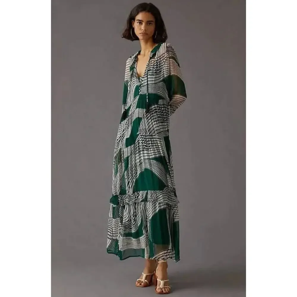 Anthropologie XS Marais Geometric Printed Sheer Chiffon Maxi Dress Boho Green - Picture 12 of 13